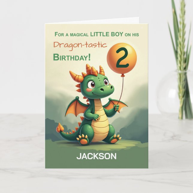 Little Boy Personalize 2:a födelsedag Cute Dragon Kort (Framsida)