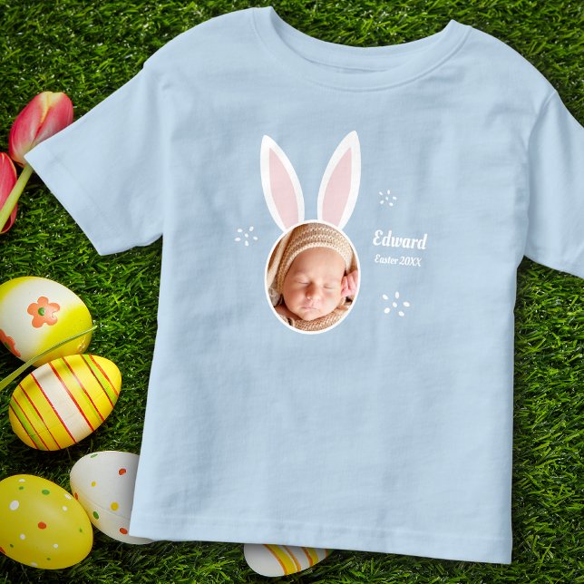 Little Boy Photo med Bunny Öron och Namn Påsk T Shirt (Skapare uppladdad)