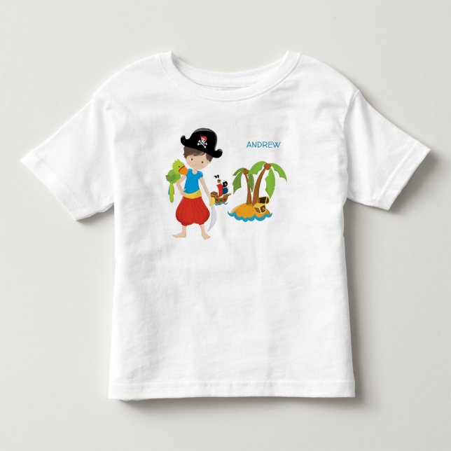 Little Boy Pirat med Treasure och Parrot T Shirt (Framsida)