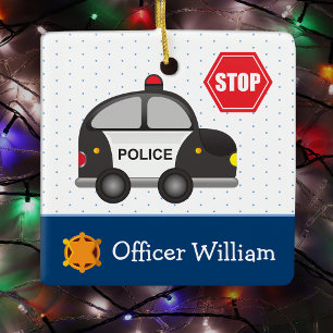 Little Boy Police Officer och Car-jul Julgransprydnad Keramik