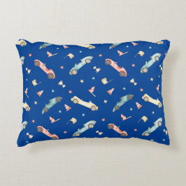 Little Boy Tävla Car Watercolor Mönster på Blue Prydnadskudde