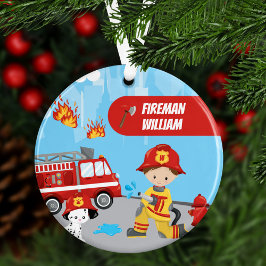 Little Boy Tecknad Fireman med Namn jul