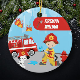 Little Boy Tecknad Fireman med Namn jul Julgransprydnad Keramik