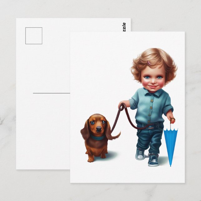 Little Boy Walking sin Dachshund Postcard Art Vykort (Fram/baksida)