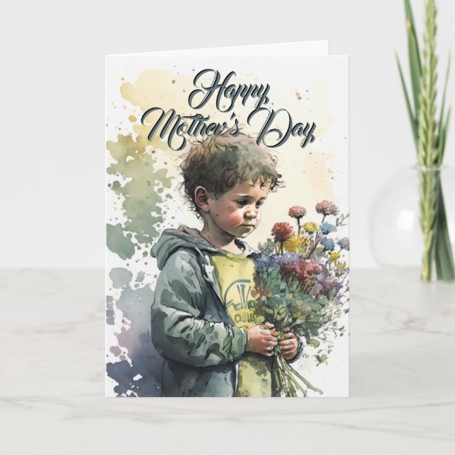 Little Boy with Flower Bouquet, Mors dag Card Kort (Framsida)