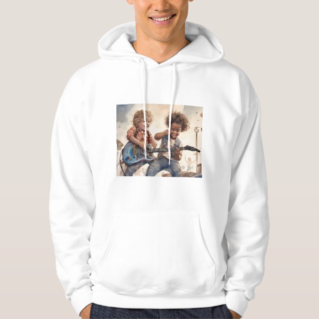 Little Boys Guitar Watercolor Illustration Art Hoodie (Framsida)