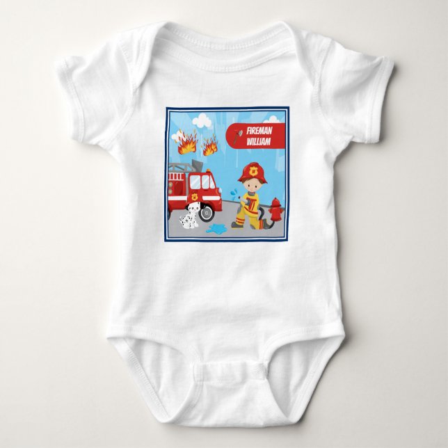 Little Boy's Tecknad Fireman med First Namn T Shirt (Framsida)
