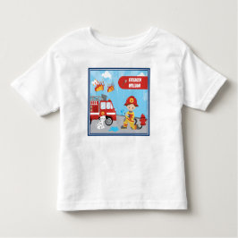 Little Boy's Tecknad Fireman med First Namn T Shirt