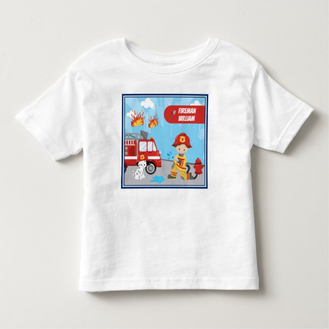 Little Boy's Tecknad Fireman med First Namn T Shirt (Framsida)