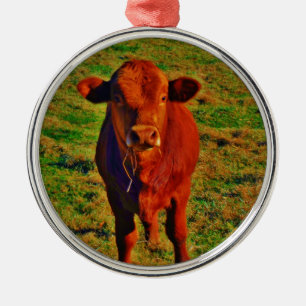Little Brown Cow Bright Grönt Grass Julgransprydnad Metall