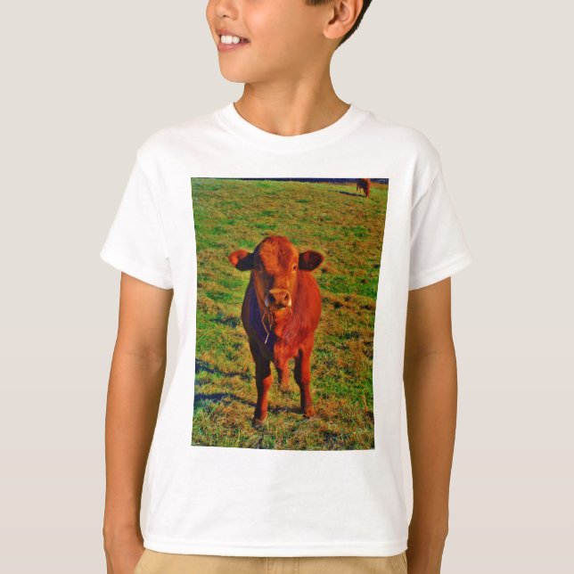 Little Brown Cow Bright Grönt Grass T-shirt (Framsida)
