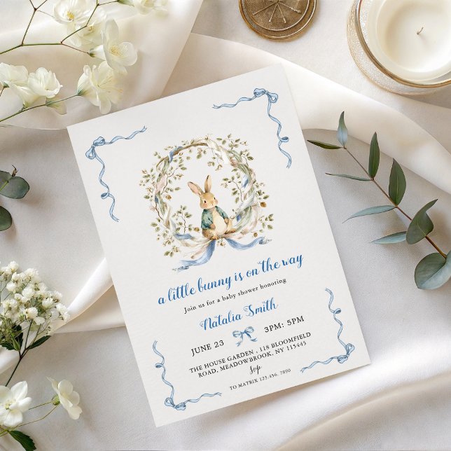 Little Bunny Baby Shower Invite | Blue Bow Rabbit Inbjudningar (Skapare uppladdad)