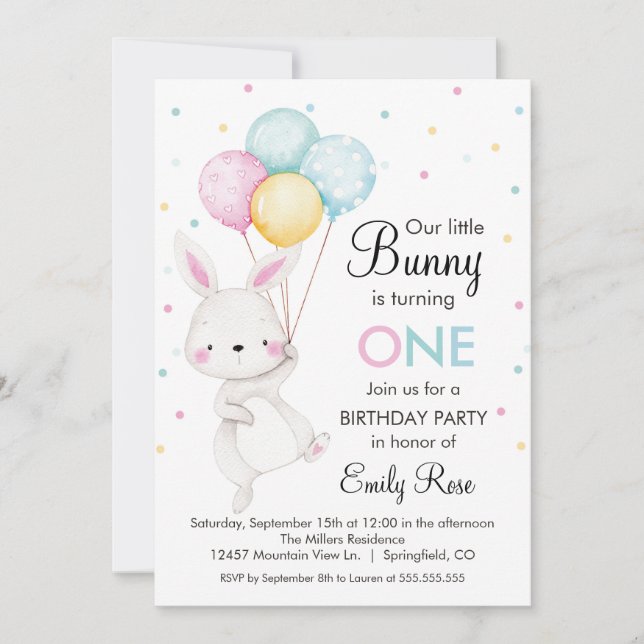 Little Bunny Balloons Birthday Invitation Inbjudningar (Framsida)