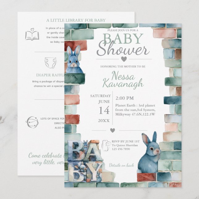 Little Bunny Blocks | Barnkalas Inbjudningar (Fram/baksida)