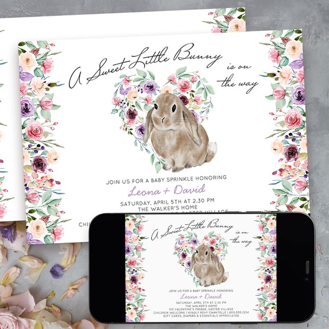Little Bunny Blommigt Kärlek Heart Baby Sprinkle Inbjudningar (Sweet little bunny baby sprinkle invitation - message me to create additional templates)