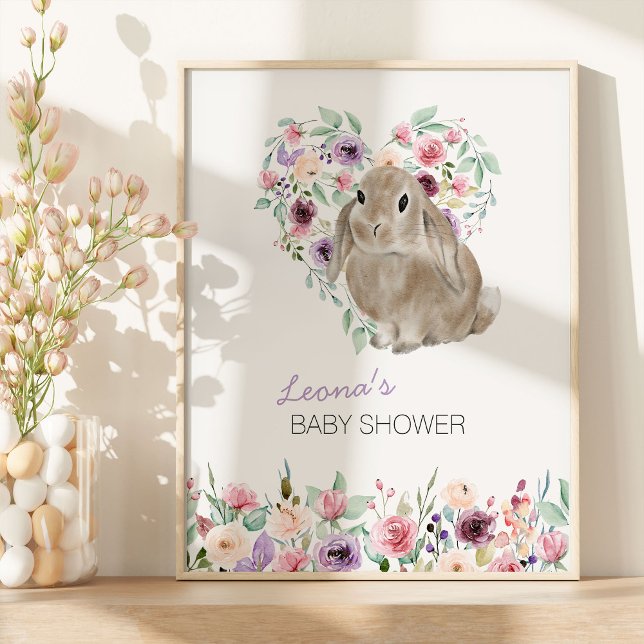 Little Bunny Blommigt Kärlek Heart Välkommen Poster (Floral Rabbit Welcome Sign from my Little Bunny & Little Lamb Baby Shower collection)