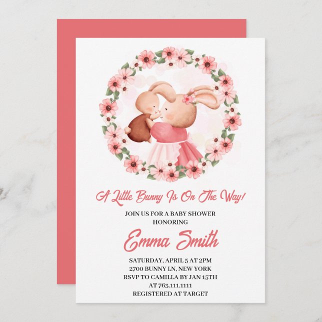 Little Bunny Blommigt Watercolor Baby Shower Inbjudningar (Fram/baksida)