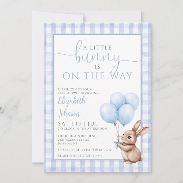 Little Bunny Blue Balloons Boy Shower Inbjudningar (Framsida)