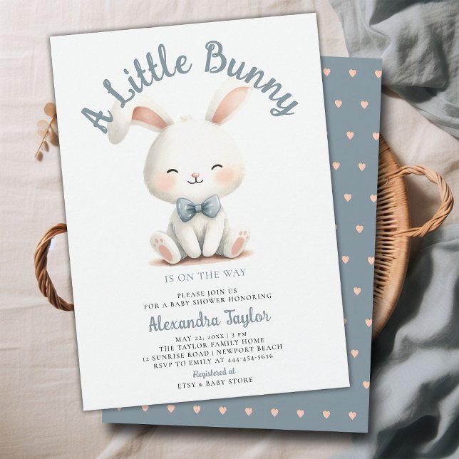 Little Bunny Bow Tie Cute Simple Pojke Shower Inbjudningar (a little bunny baby boy shower invitation springtime easter garden picnic dusty blue white cute)