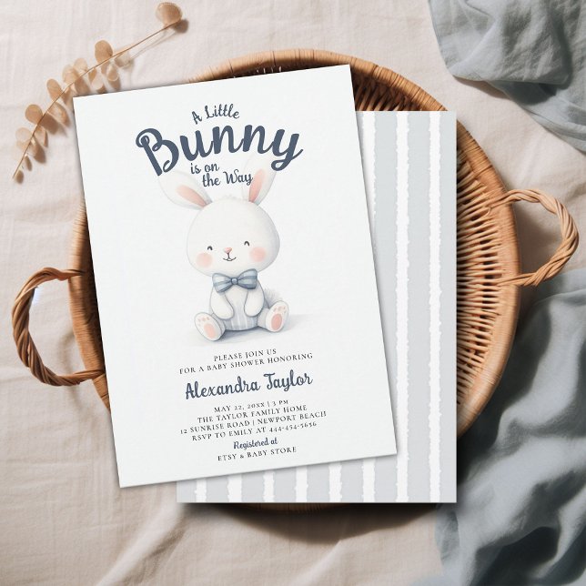 Little Bunny Bow Tie Navy White Pojke Shower Inbjudningar (a little bunny baby boy shower invitation springtime easter garden picnic navy blue cute sweet)