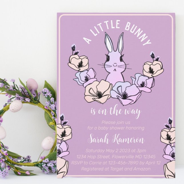 Little Bunny Cute Purple Floral Baby Shower Inbjudningar (Skapare uppladdad)