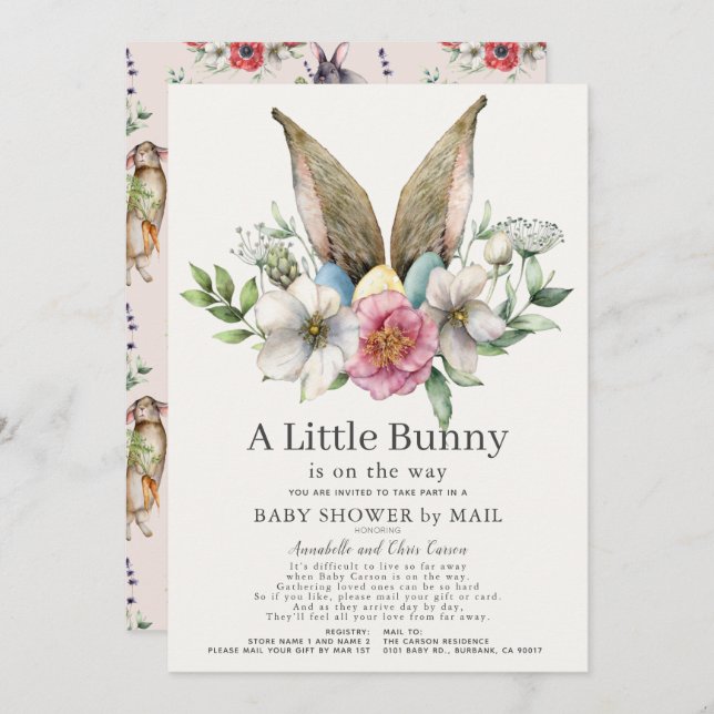 Little Bunny Ear Blommigt Rosa Baby Shower by Mail Inbjudningar (Fram/baksida)
