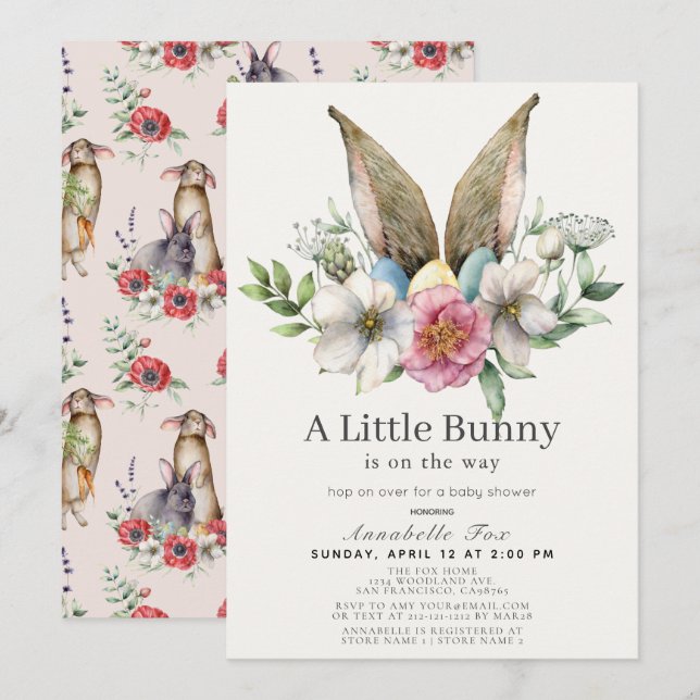 Little Bunny Ear Blommigt Rosa Baby Shower Inbjudningar (Fram/baksida)