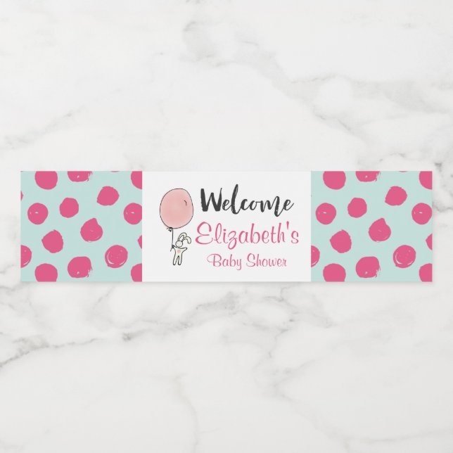 Little Bunny Holding a Balloon Baby Shower Vattenflaskor Etikett (Singel etikett)