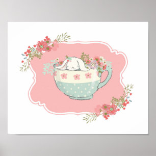 Little Bunny i Tekopp Rosa Nursery Art Poster