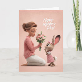 Little Bunny in Pink Bringing Mother's Day Flowers Kort