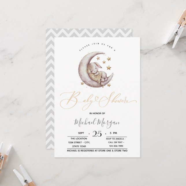 Little Bunny Måne Stars Zigzag Baby Shower Inbjudningar (Fram/Back In Situ)