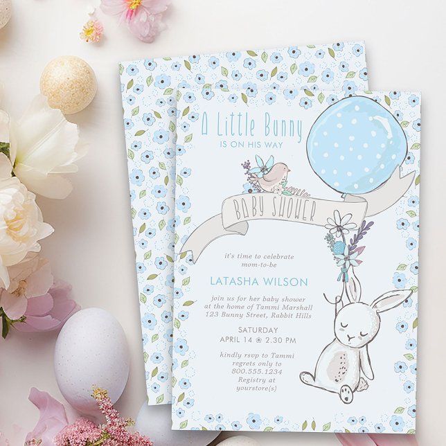 Little Bunny med Balloon Cute Boy Shower Inbjudningar (Boy Baby Shower Invitation from my Little Bunny & Balloon Baby Shower collection)
