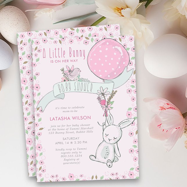 Little Bunny med Balloon Cute Girl Shower Inbjudningar (Girl Baby Shower Invitation from my Little Bunny & Balloon Baby Shower collection)