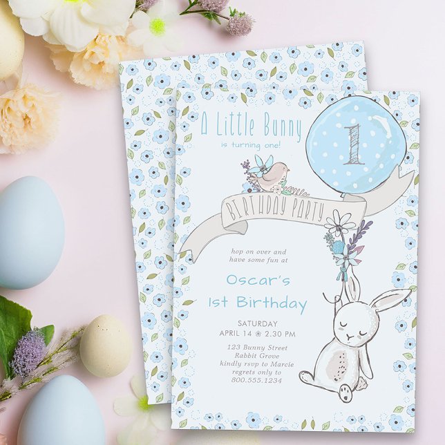 Little Bunny och Blue Balloon any age Boy Birthday Inbjudningar (Little Bunny First Birthay Party Invitation - or edit to suit any age)