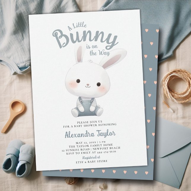 Little Bunny Overalls Cute Garden Pojke Shower Inbjudningar (a little bunny baby boy shower invitation springtime easter garden picnic dusty blue overalls sweet)
