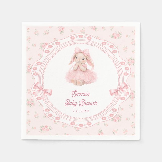 Little Bunny Pink Floral Girl Baby Shower Pappersservett (Framsidan)