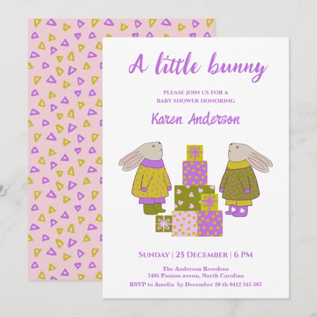 Little Bunny Presents Birthday Baby Shower   Inbjudningar (Fram/baksida)