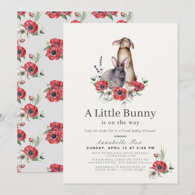 Little Bunny Red Anemone Virtuell Baby Shower Inbjudningar (Fram/baksida)
