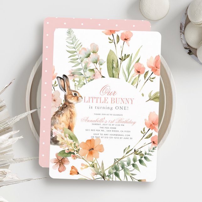 Little Bunny Rosa Blommigt Girl 1:a födelsedagen Inbjudningar (Skapare uppladdad)
