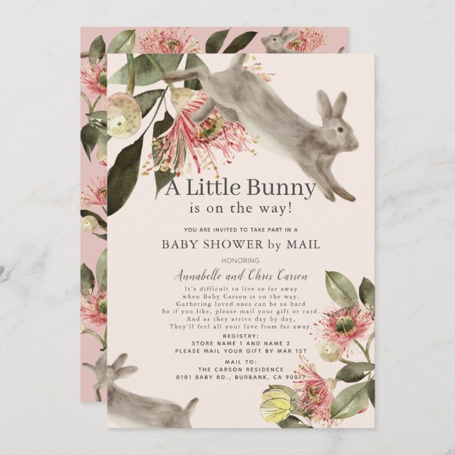 Little Bunny Rosa Blommigt Girl Baby Shower by Mai Inbjudningar (Fram/baksida)