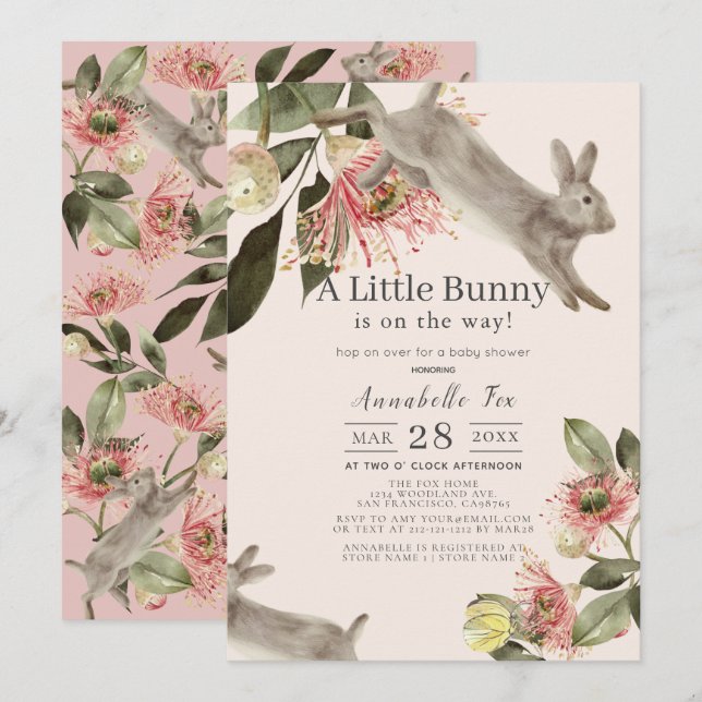 Little Bunny Rosa Blommigt Girl Baby Shower Inbjudningar (Fram/baksida)