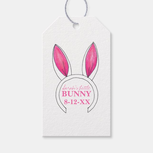 Little Bunny Rosa Rabbit Öron Nyfödd bebis Shower Presentetikett (Framsidan)
