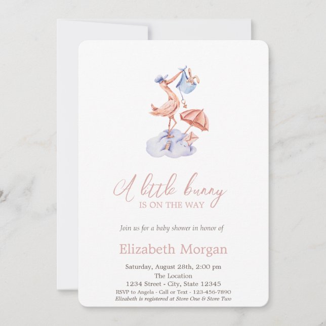 Little Bunny Stork Polka dots Baby Shower Inbjudningar (Framsida)