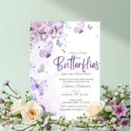 Little Butterflies Lila Blommigt Twillingars Baby Inbjudningar