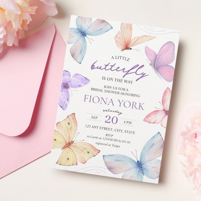 Little Butterfly Aesthetic Pastel Baby Shower Inbjudningar (A little butterfly is on the way baby shower invitation)