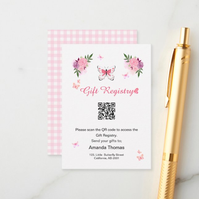 Little Butterfly Baby Shower Gift Registry QR Code Tilläggskort (Fram/Back In Situ)