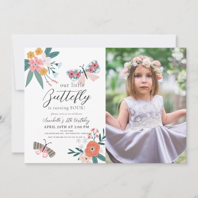 Little Butterfly Blommigt Girl Birthday Photo Inbjudningar (Framsida)