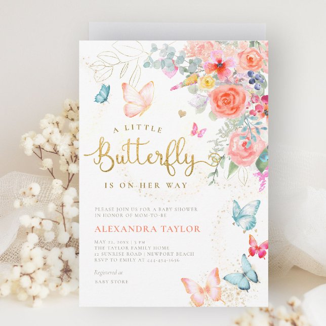 Little Butterfly Bright Blommigt Flicka Shower Inbjudningar (little butterfly baby shower invitation bright colorful garden peach pink orange teal blue gold)