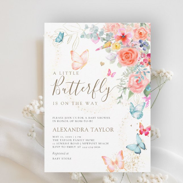 Little Butterfly Bright Garden Flicka Shower Inbjudningar (little butterfly baby shower invitation bright colorful garden peach orange teal blue watercolor)