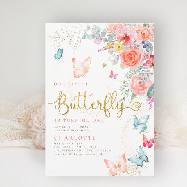 Little Butterfly Bright Garden Girl Födelsedagsfes Inbjudningar (our little butterfly girls birthday party invite pink garden floral  butterflies watercolor elegant)